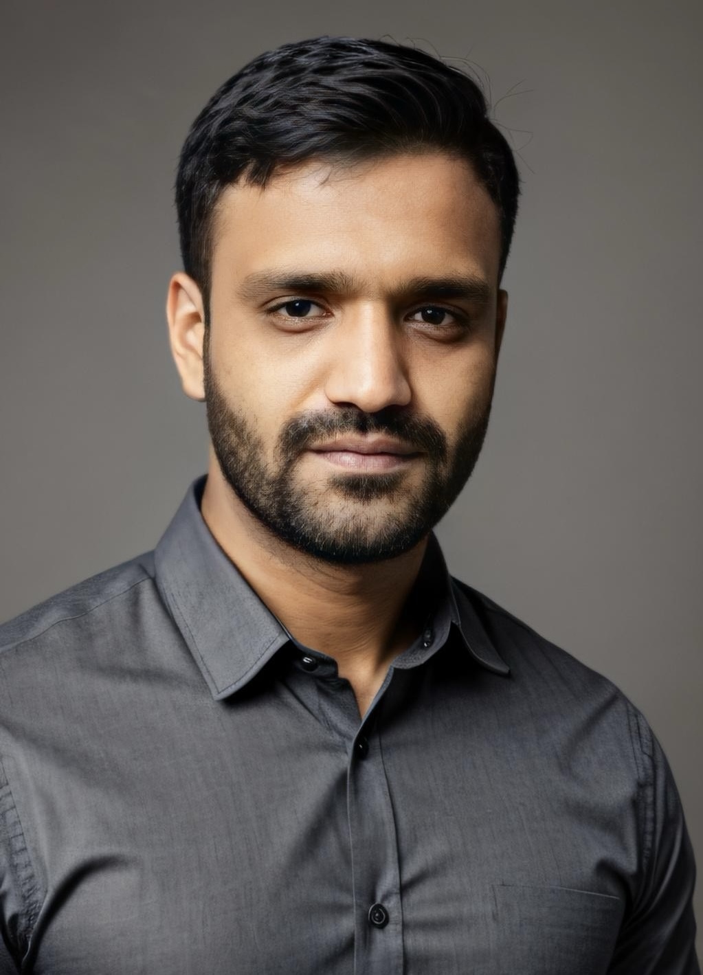 Himanshu Patel smiling in a red plaid shirt and tortoise shell glasses